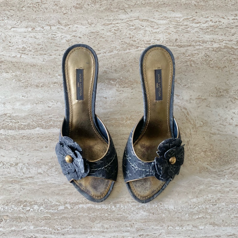 Vintage Louis Vuitton Monogram Denim Flower Appliqué Mule Sandal Heels